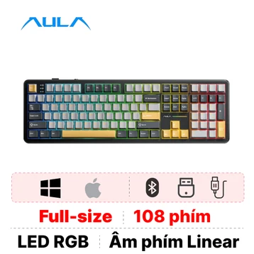 Bàn phím cơ không dây Aula F108 đen xám vàng