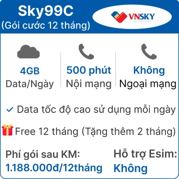 Sim 4G VNSKY SKY99C 4GB/Ngày - Miễn phí 12 tháng (tặng thêm 2 tháng)