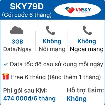 Sim 4G VNSKY SKY79D 3GB/Ngày - Free 6 tháng ( tặng thêm 1 tháng)