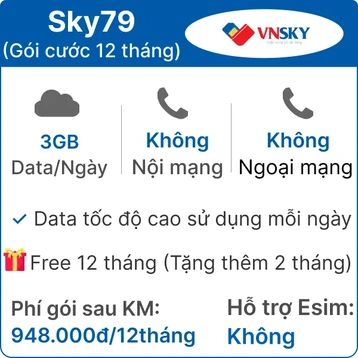 Sim 4G VNSKY SKY79 3GB/Ngày - miễn phí 12 tháng (tặng thêm 2 tháng)