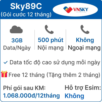 Sim 4G VNSKY SKY89C 3GB/Ngày - Miễn phí 12 tháng (tặng thêm 2 tháng)