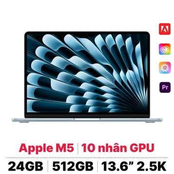 MacBook Air M5 13 inch 2026 10CPU 10GPU 24GB 512GB Sạc 70W - Chính hãng Đã kích hoạt
