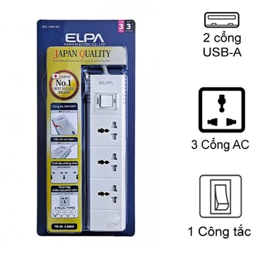 Ổ cắm điện Elpa ESU VNC33 (3 cổng AC - 2 USB - 1 công tắc)
