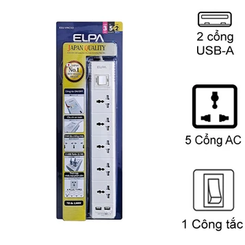 Ổ cắm điện Elpa ESU-VNC53 (5 cổng AC - 2 USB - 1 công tắc)