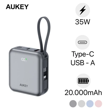 Pin dự phòng Aukey 20000mAh 35W 2C1A màn hình + tích hợp cáp Type-C,L PB-Y92L 