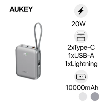 Pin dự phòng Aukey 10.000mAh 20W tích hợp cáp type C + type L PB-Y91L