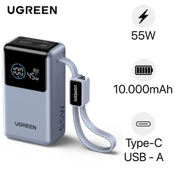 Pin dự phòng Ugreen 10000mAh 55W 1C1A QC 3.0 màn hình + tích hợp cáp Type-C PB727 75701B