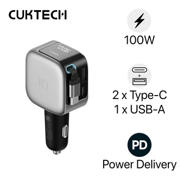 Sạc Ô tô Cuktech 10 2C1A 100W tích hợp cáp USB-C rút gọn CC903P