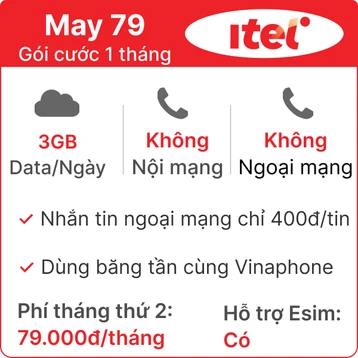 Sim 4G ITel-Vinaphone May79 3GB/ngày 