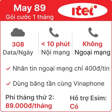 Sim 4G ITel-Vinaphone May89 3GB/ngày 