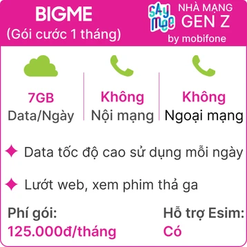 Sim Mobifone BIGME 7GB/Ngày - Gói cước 1 tháng