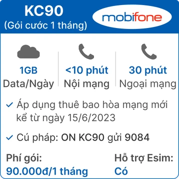 Sim 4G Mobifone KC90 1GB/Ngày có nghe gọi - 1 tháng (thành phẩm)