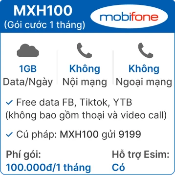 Sim 4G Mobifone MXH100 1GB/Ngày Free Tiktok,YTB,FB - 1 tháng (thành phẩm)