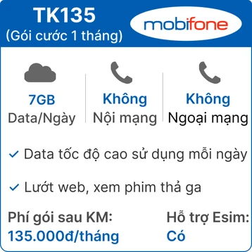 Sim Mobifone TK135 7GB/Ngày - Gói cước 1 tháng