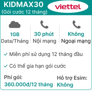 Sim 4G Viettel 12KIDMAX30 Free 12 tháng