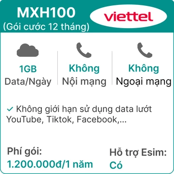 Sim 4G Viettel 12MXH100 1GB/Ngày (Free Tiktok, YTB, FB) - 12 tháng