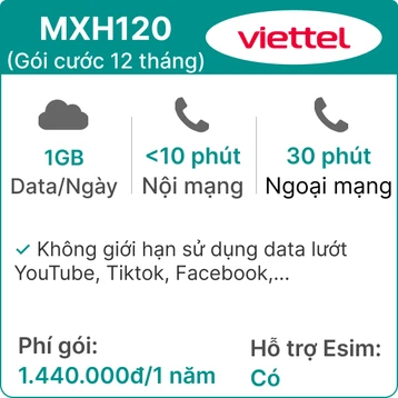 Sim 4G Viettel 12MXH120 1GB/Ngày (Free Tiktok, YTB, FB) có nghe gọi - 12 tháng