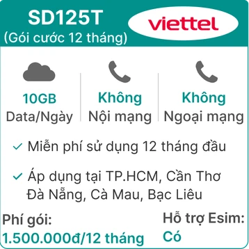 Sim 4G Viettel 12SD125T 10GB/Ngày (3GB toàn quốc + 7GB 1 số tỉnh) - Free 12 tháng