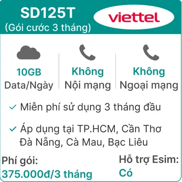 Sim 4G Viettel 3SD125T 10GB/Ngày (3GB toàn quốc + 7GB 1 số tỉnh) - Free 3 tháng