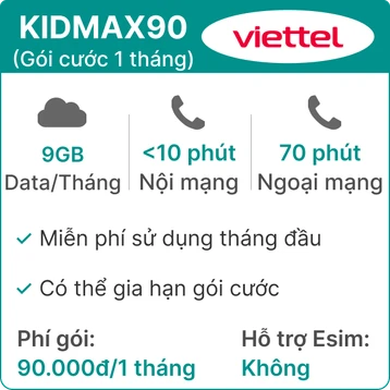 Sim 4G Viettel Kidmax90 9GB/Tháng