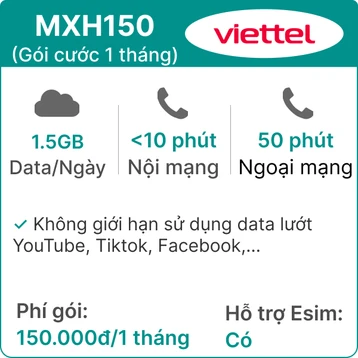 Sim 4G Viettel MXH150 1.5GB/Ngày (Free Tiktok, YTB, FB) có nghe gọi