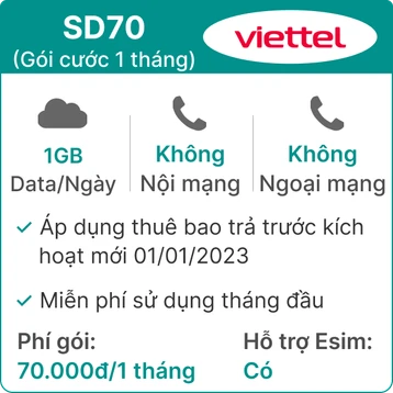 Sim 4G Viettel SD70 1GB/Ngày