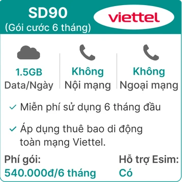 Sim 4G Viettel SD90 1.5GB/Ngày - Free 6 tháng
