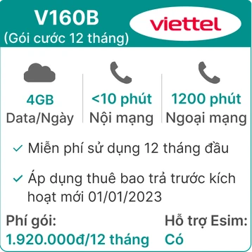 Sim Viettel V160B 4GB/Ngày - Free 12 tháng