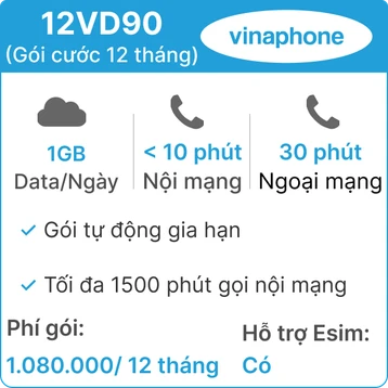 Sim 4G Vinaphone 12VD90 (1GB/Ngày) - 12 tháng có nghe gọi (Thành phẩm)