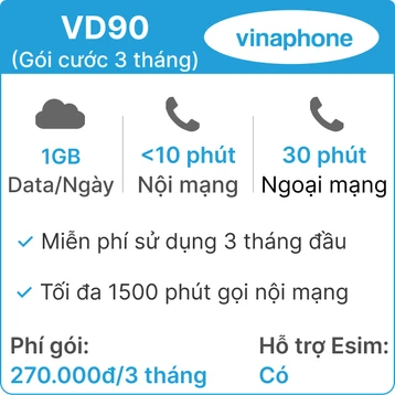 Sim 4G Vinaphone 3VD90 (1GB/Ngày) - 3 tháng có nghe gọi (Thành phẩm)