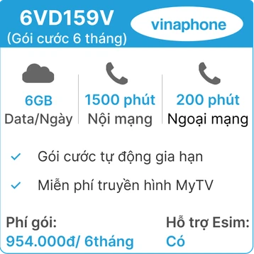 Sim 4G Vinaphone 6VD159V (6GB/Ngày) - 6 tháng có nghe gọi (thành phẩm)
