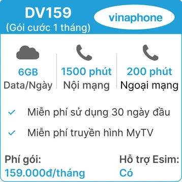 Sim Vinaphone D159V 6GB/Ngày - Gói cước 1 tháng