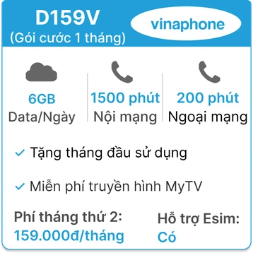 Sim Vinaphone D159V 6GB/Ngày - Gói cước 1 tháng