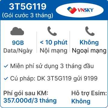 Sim 4G Vnsky 3T5G119 9GB/ngày - Free 3 tháng