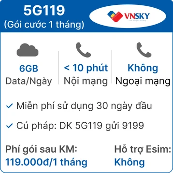 Sim 4G VNSKY 5G119 6GB/Ngày - Free 1 tháng