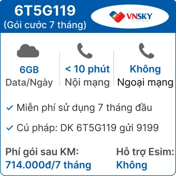 Sim 4G VNSKY 6T5G119 6GB/Ngày - Free 7 tháng