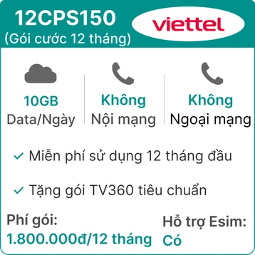 Sim 5G Viettel 12CPS150 10GB/Ngày (Free TV360) - 12 Tháng