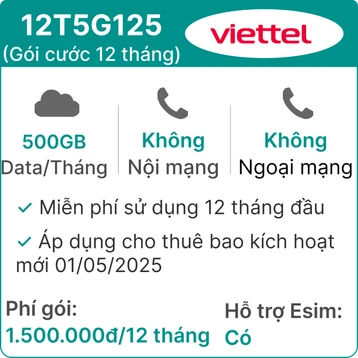 Sim 5G Viettel 12T5G125 500GB/tháng - 12 tháng