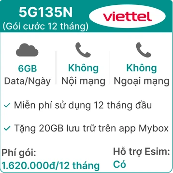 Sim 5G Viettel 12T5G135N 6GB/Ngày (Free TV360 4K, 20GB MyBox) - 12 Tháng