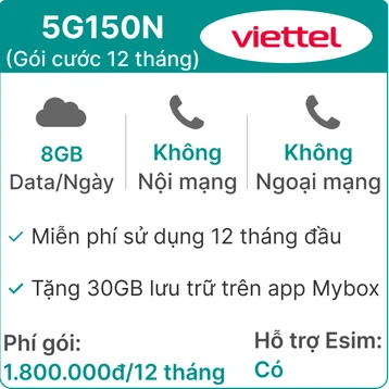 Sim 5G Viettel 12T5G150N 8GB/Ngày (Free TV360 4K, 30GB MyBox) - 12 Tháng