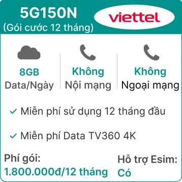 Sim 5G Viettel 12T5G150N 8GB/Ngày (Free TV360 4K) - 12 Tháng