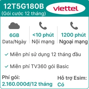 Sim 5G Viettel 12T5G180B_SUB 6GB/ngày (có nghe gọi, free TV360) - 12 tháng - chỉ có eSim