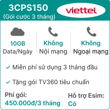 Sim 5G Viettel 3CPS150 10GB/Ngày (Free TV360) - 3 Tháng