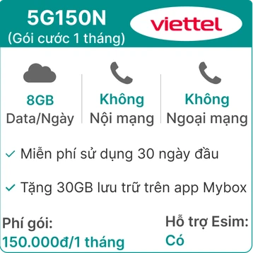 Sim 5G Viettel 5G150N 8GB/Ngày (Free TV360 4K, 30GB MyBox)