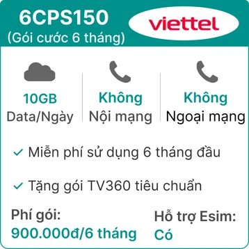 Sim 5G Viettel 6CPS150 10GB/Ngày (Free TV360) - 6 Tháng