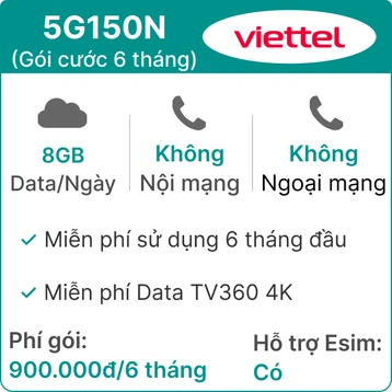 Sim 5G Viettel 6T5G150N 8GB/Ngày (Free TV360 4K) - 6 Tháng