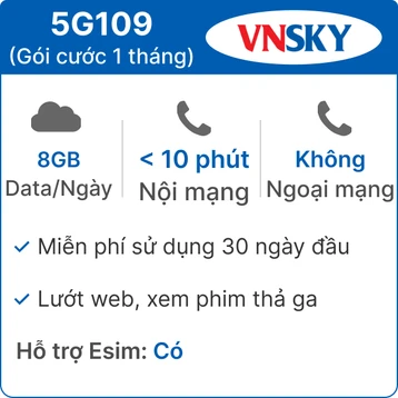 Sim 5G VNSKY 5G109 8GB/Ngày - Free 1 tháng