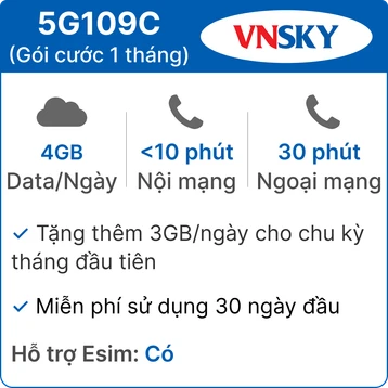 Sim 5G VNSKY 5G109C 4GB/Ngày có nghe gọi - Free 1 tháng