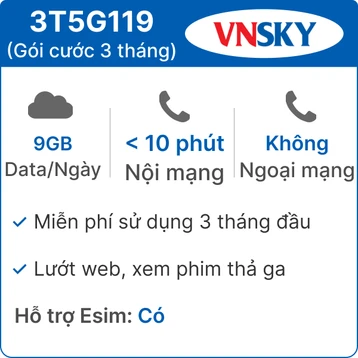 Sim 5G VNSKY 3T5G119 9GB/Ngày - Free 3 tháng