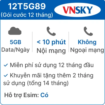 Sim 5G VNSKY 12T5G89 5GB/Ngày - Free 12 tháng